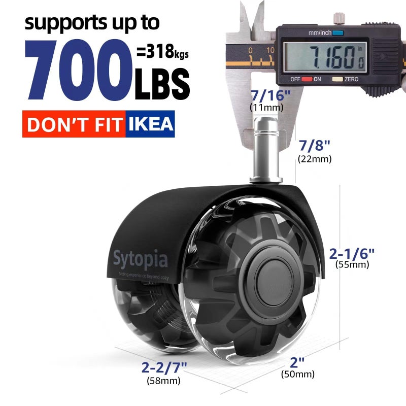 Sytopia Office Chair Caster Wheels Set of 5 Heavy Duty & Safe for All Floors Including Hardwood 2"" Rubber Replace Office Chair Mat  Universal Standard Stem Size Fits 99%-Black - Image 3